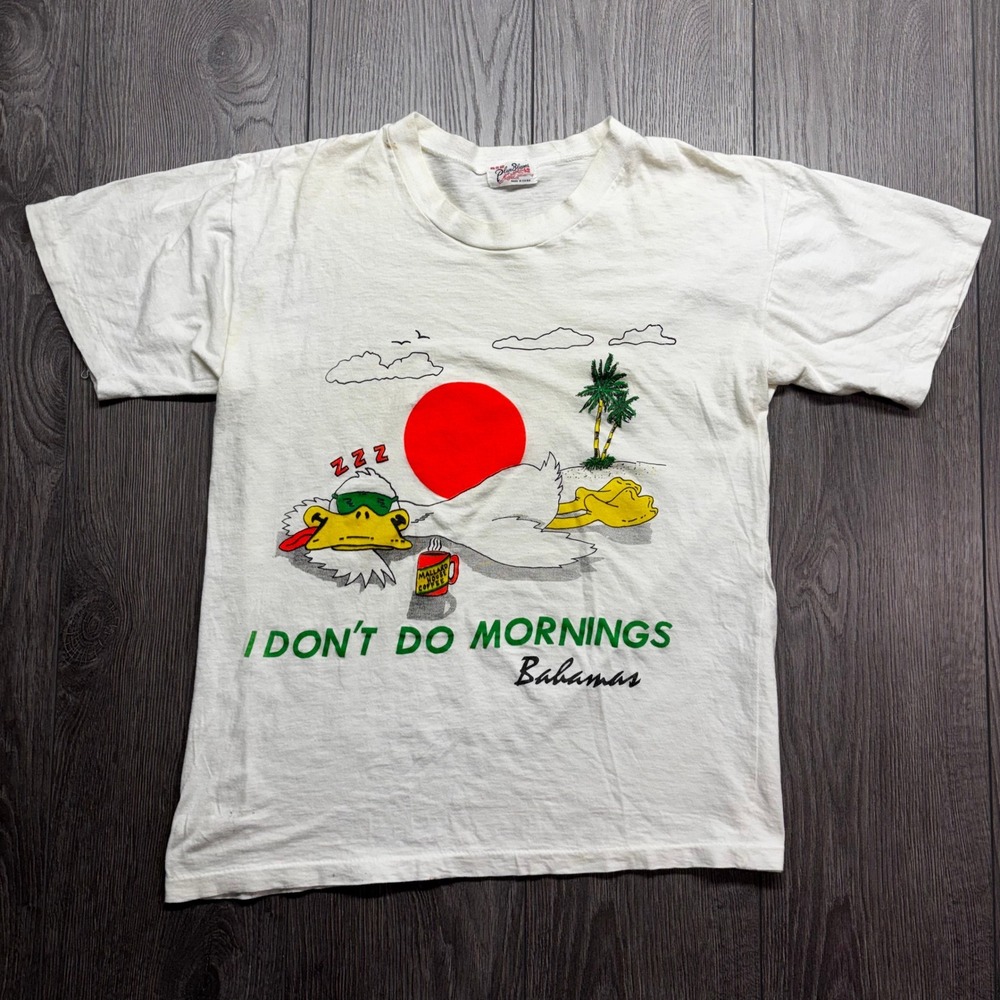 Vintage I Dont Do Mornings 80s Plum Blossoms Large Duck T-Shirt Mens White L